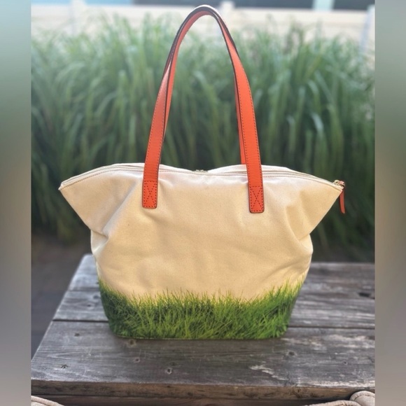 kate spade Play The Field Canvas Tote with Orange Handles and Grass Print - Picture 2 of 4